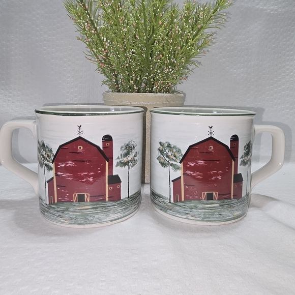 Tienshan Stoneware Prairie Mug Set Red Barn Design Rustic - Picture 1 of 7